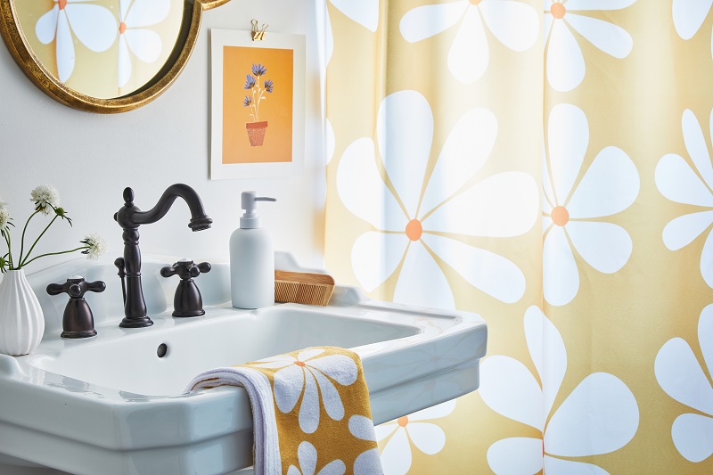 Bathroom sink and shower curtain